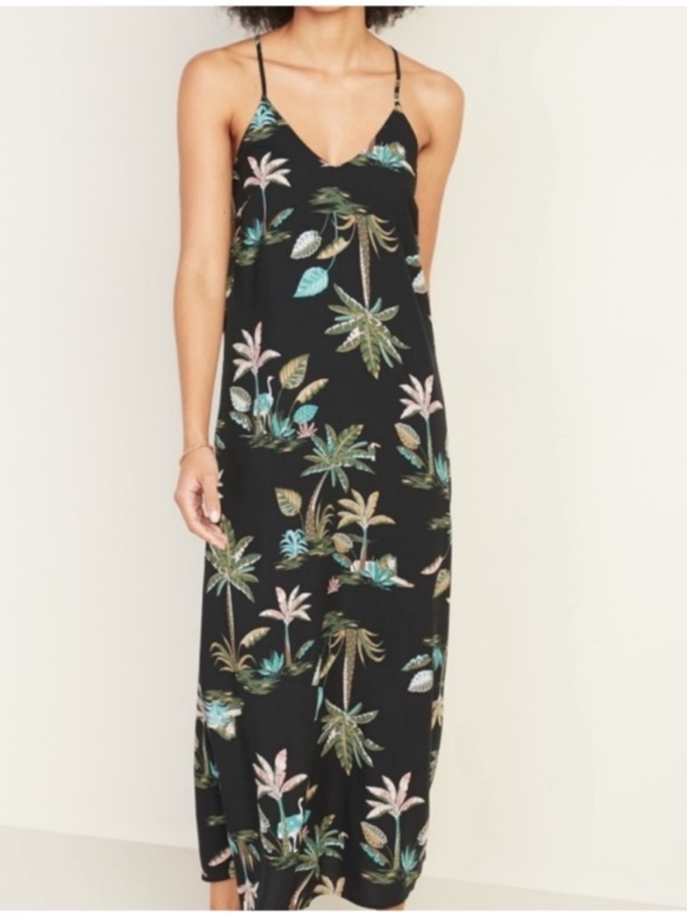 Old Navy Size S Tall Palm Tree Tropical-Print Spaghetti-Strap V-Neck Maxi Dress